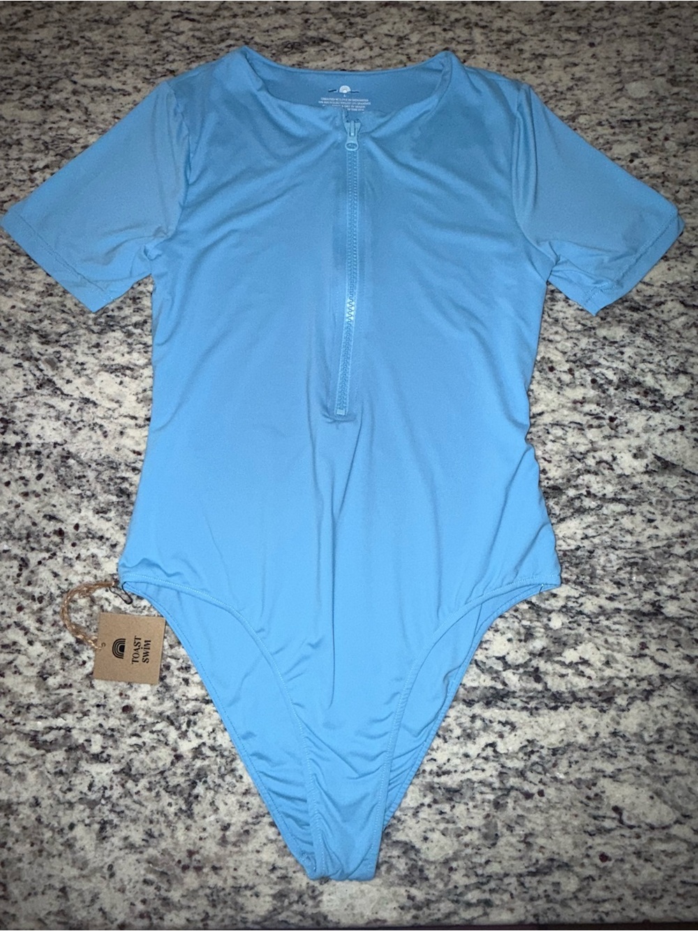 Women’s Short-Sleeve Light Blue One-Piece Swimsuit with Front Zip